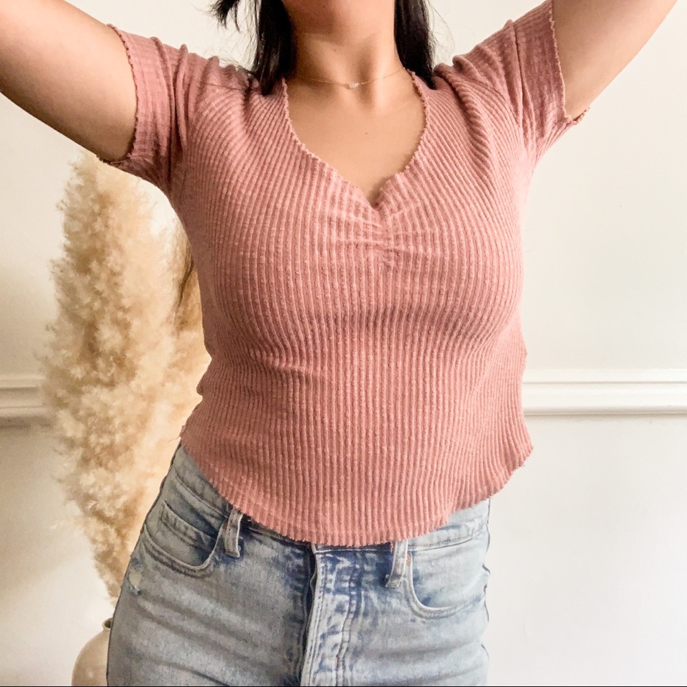 Pink Ribbed V-Neck Top